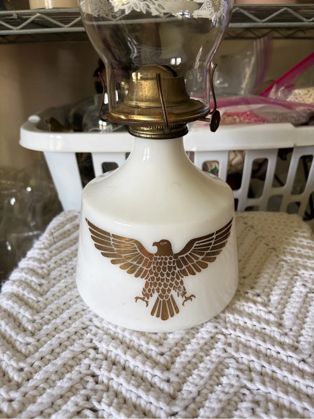 Vintage White Glass Hurricane Lamp with Gold Eagle Motif
